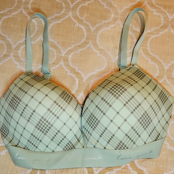 Victorias Secret NWOT Padded Sage Green Plaid & Hot Pink Adjustable Bra 36DD - Picture 1 of 7